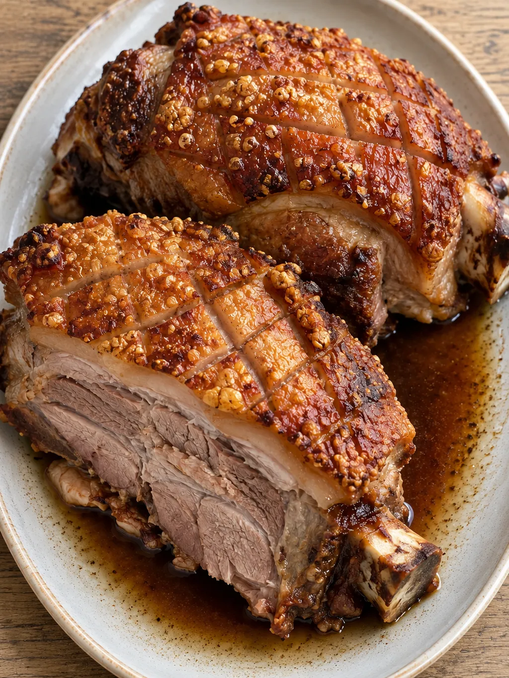 Goldbraunes Schäufele mit blasiger Kruste, zartem Fleisch und Biersoße