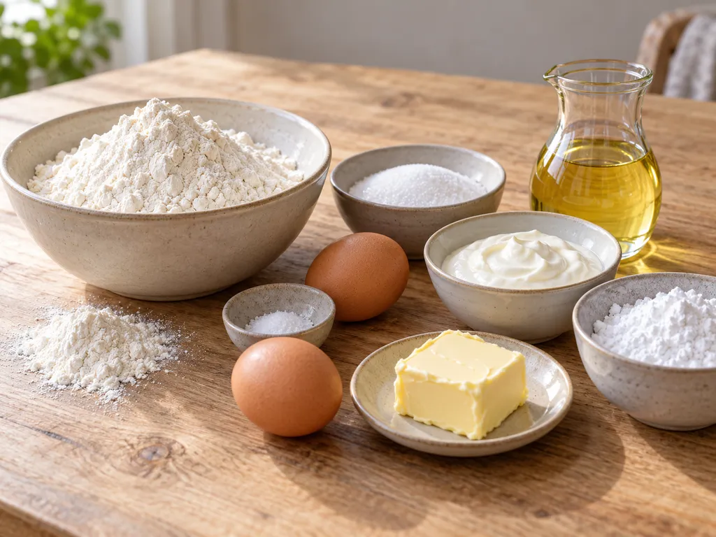 Mehl, Zucker, Salz, zwei Eier, saure Sahne, Butter, Rapsöl und Puderzucker für Schneeballen