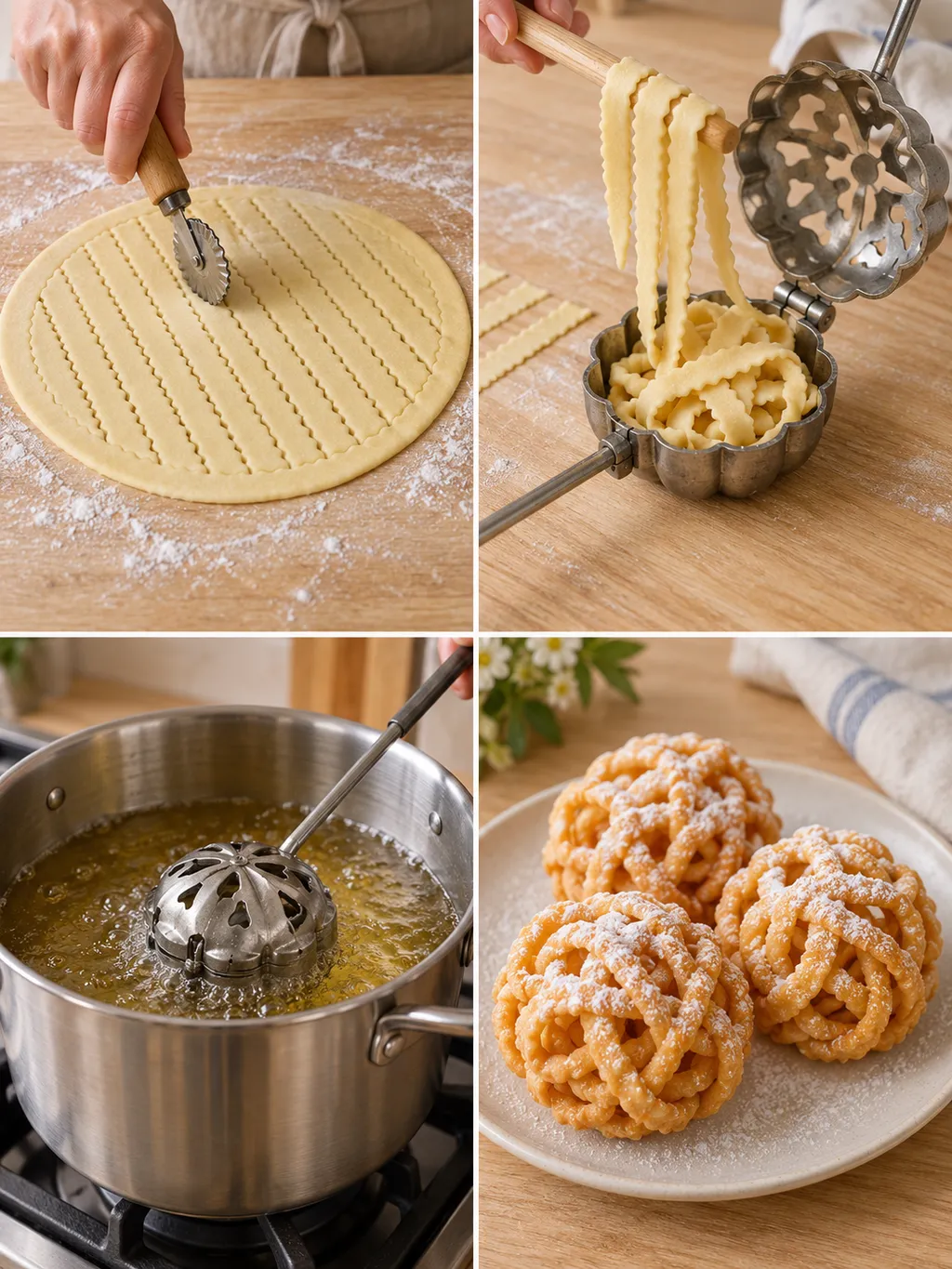Teigbänder schneiden, Schneeballen formen, frittieren und mit Puderzucker servieren