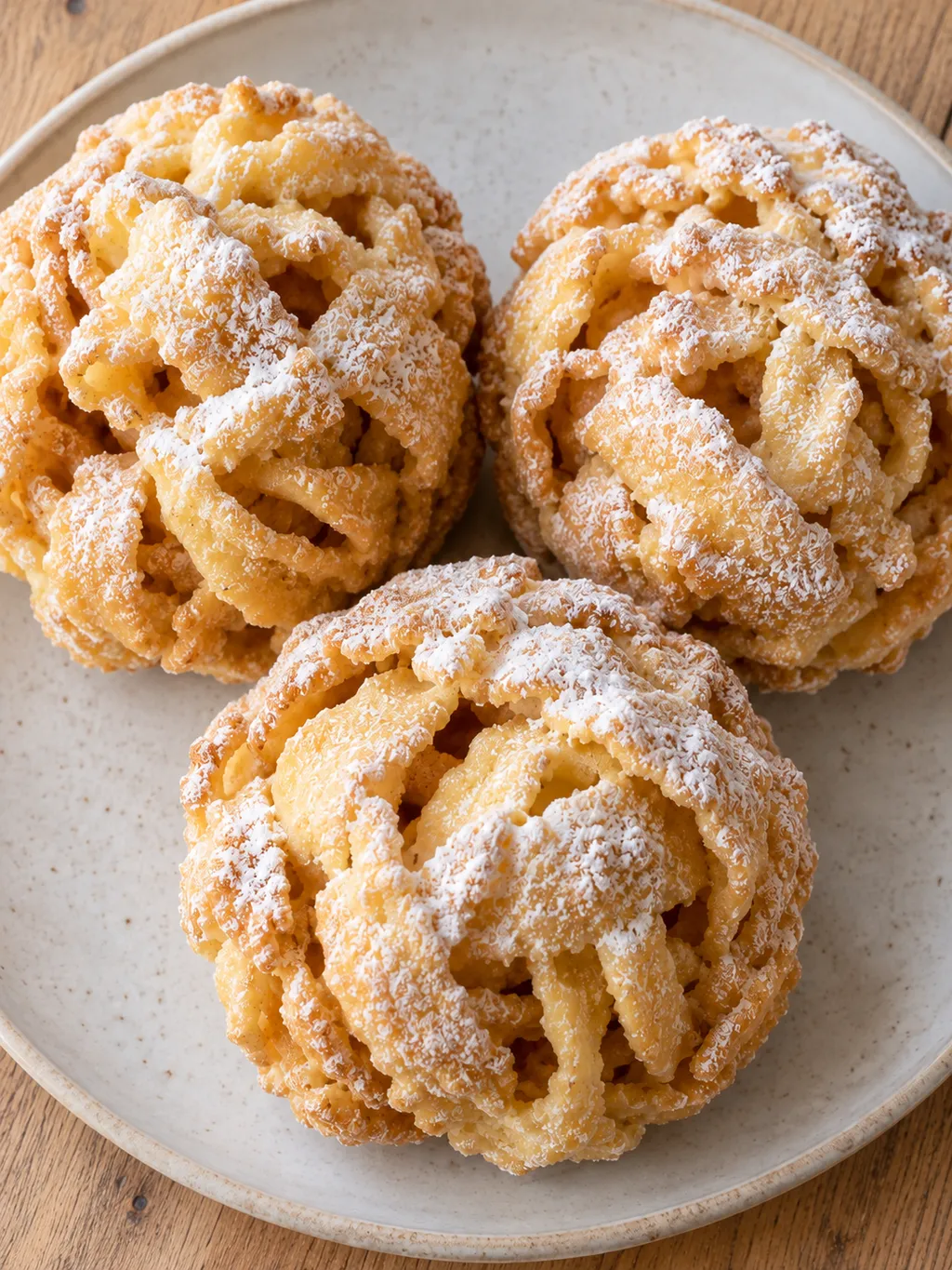 Drei knusprige Schneeballen mit feinem Puderzucker und goldgelben Teigkanten