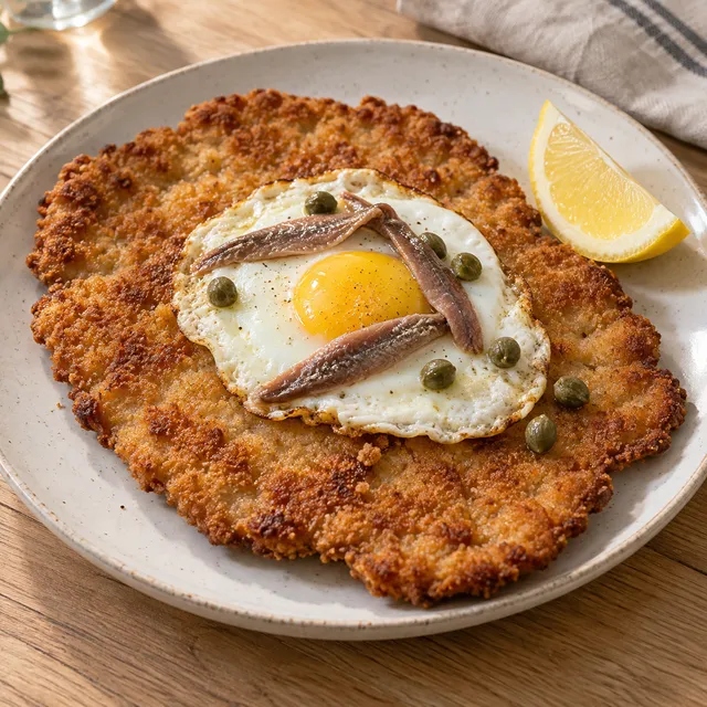 Schnitzel Holstein mit Spiegelei, zwei Sardellenfilets, Kapern und Zitrone