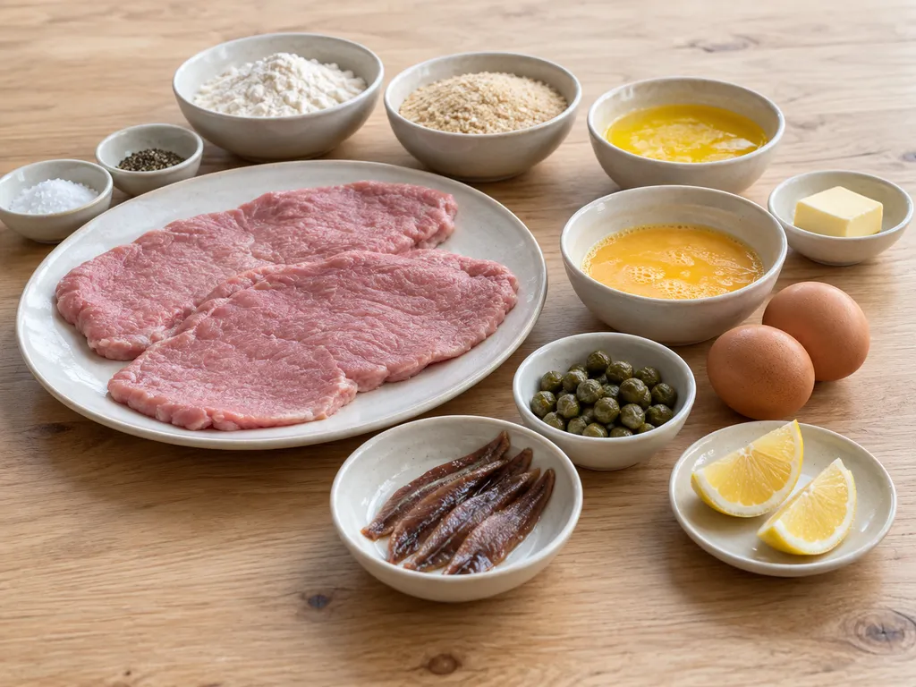 Kalbsschnitzel, Eier, Panierzutaten, Butter, Kapern, Sardellen und Zitrone