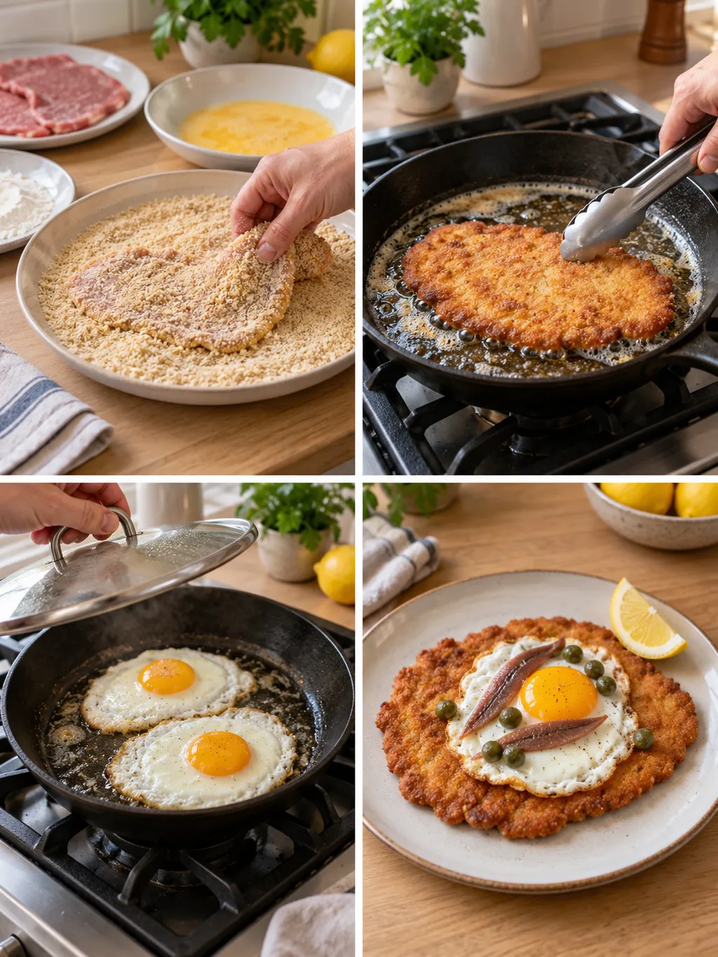 Schnitzel panieren und braten, Spiegeleier garen und mit Kapern und Sardellen anrichten