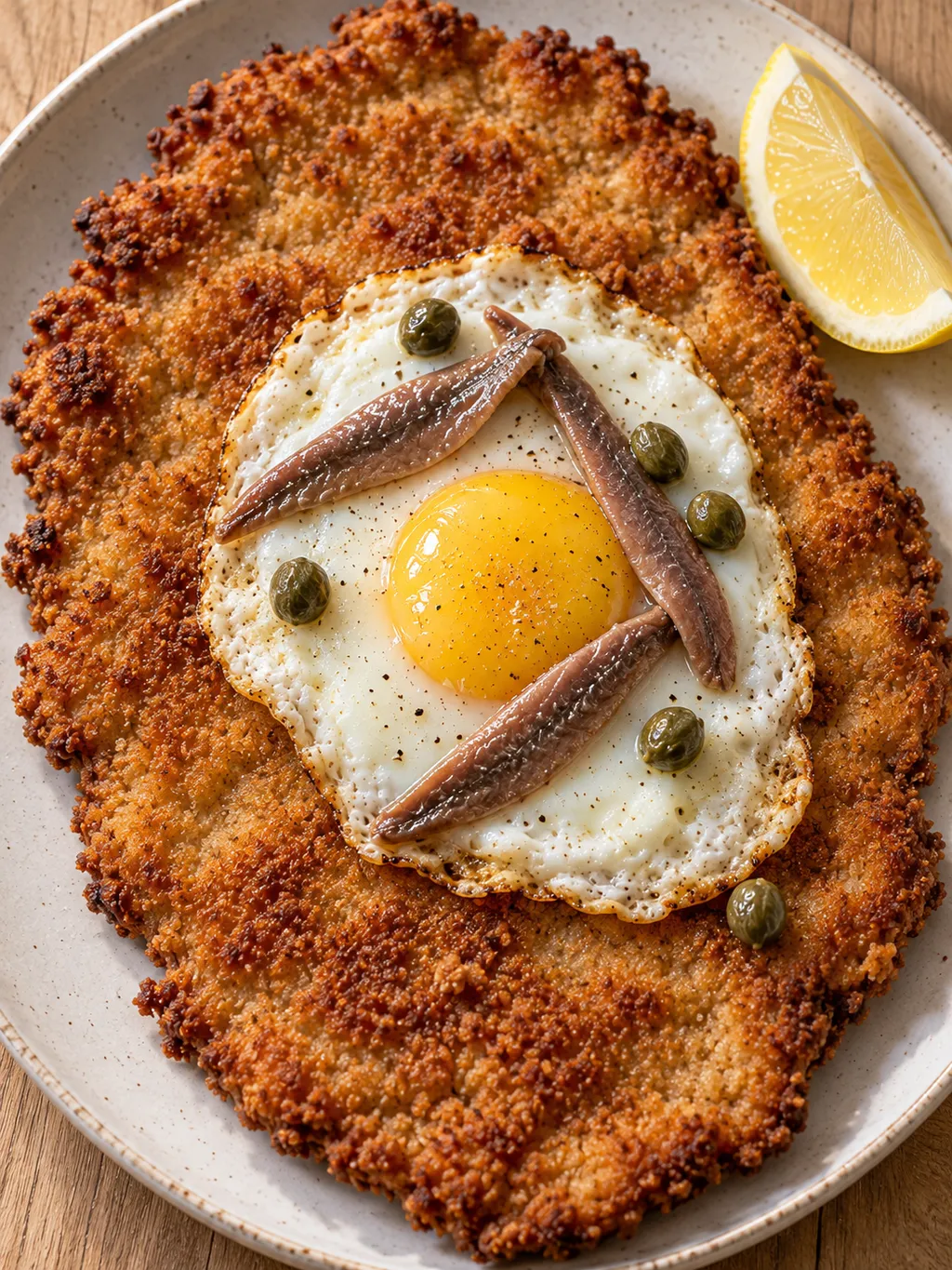 Goldbraunes Schnitzel Holstein mit fest gegartem Spiegelei, Sardellen und Kapern