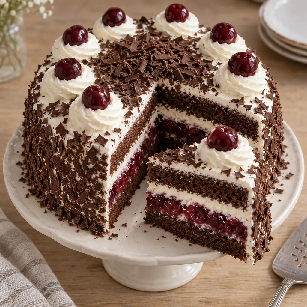 Schwarzwälder Kirschtorte mit drei Schokoböden, Kirschfüllung und Sahnetupfen