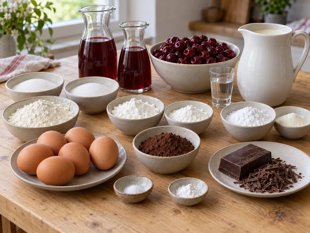 Eier, Kakao, Mehl, Sauerkirschen, Sahne und Schokolade für Schwarzwälder Kirschtorte