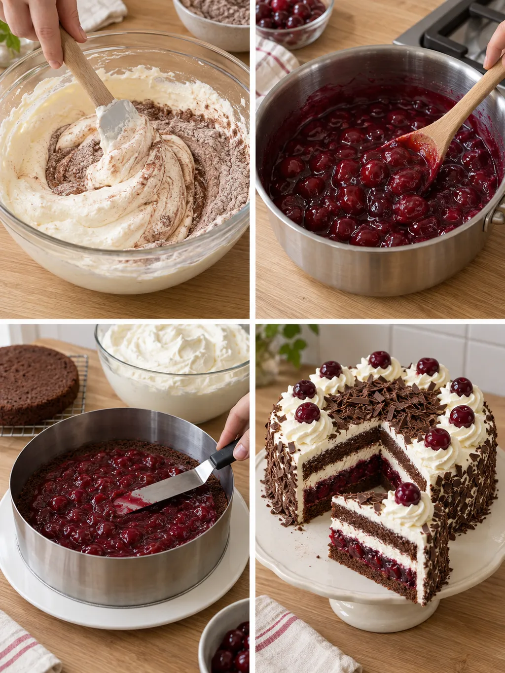 Biskuit unterheben, Kirschen binden, Torte füllen und fertige Schwarzwälder Kirschtorte