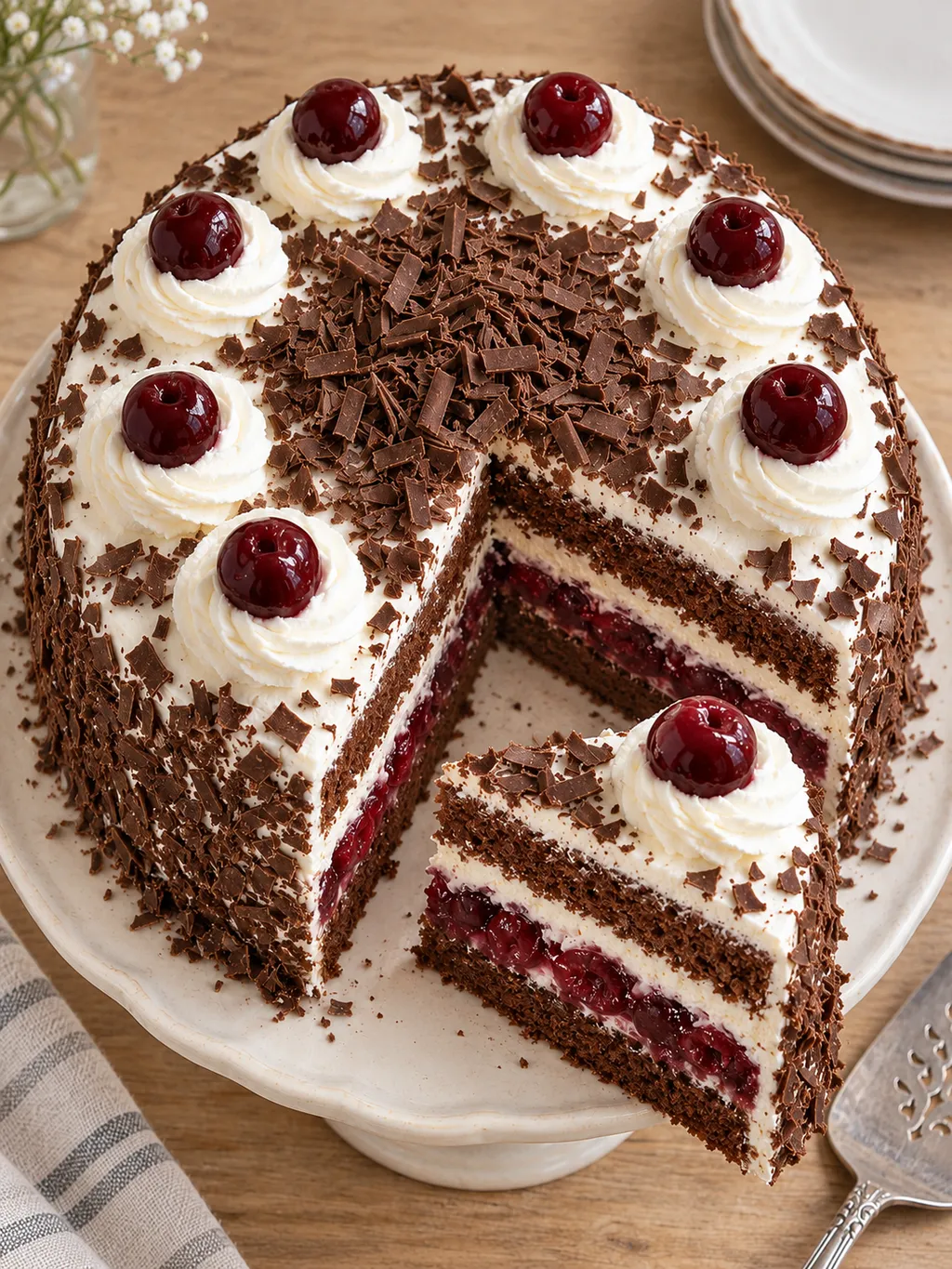 Schwarzwälder Kirschtorte mit roten Kirschen, weißer Sahne und dunklen Schokoladenraspeln