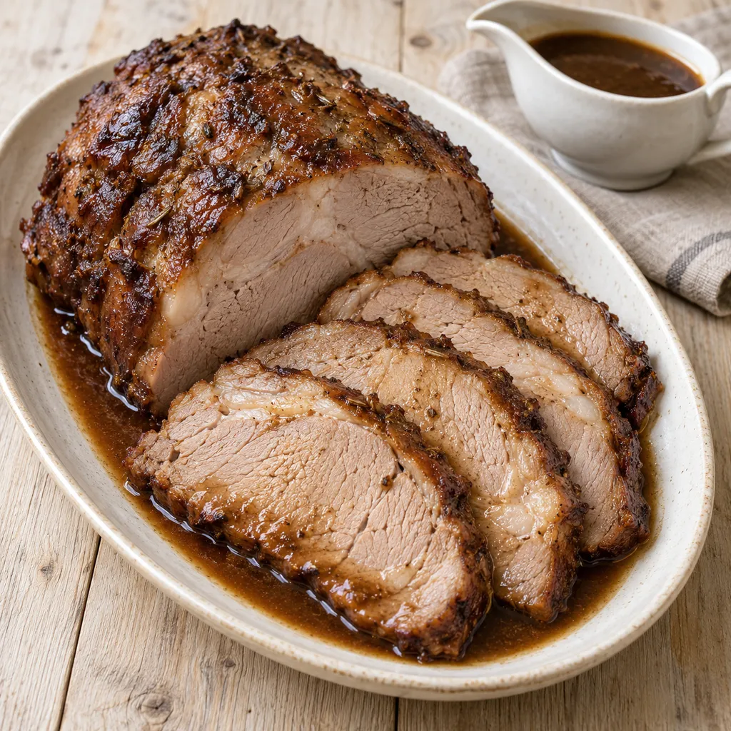 Schweinebraten in zarten Scheiben mit dunkelbrauner Kümmel-Biersoße