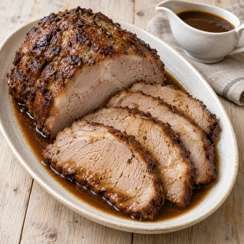 Schweinebraten in zarten Scheiben mit dunkelbrauner Kümmel-Biersoße