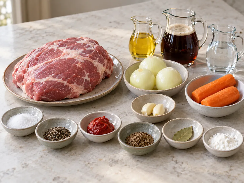 Schweineschulter, Zwiebeln, Möhren, Kümmel und dunkles Bier für den Braten