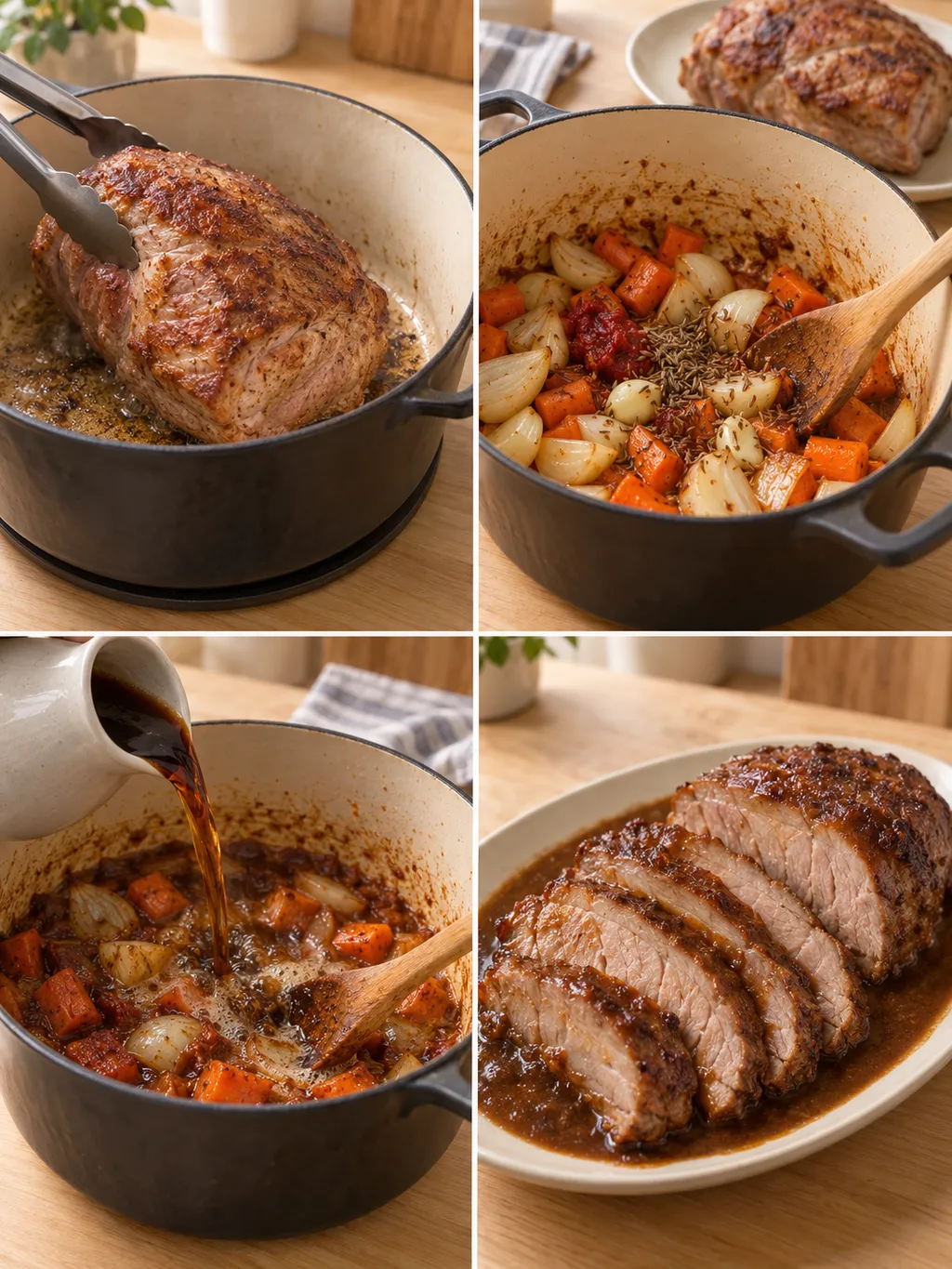 Schweinebraten beim Anbraten, Gemüse rösten, Ablöschen und fertig mit Biersoße