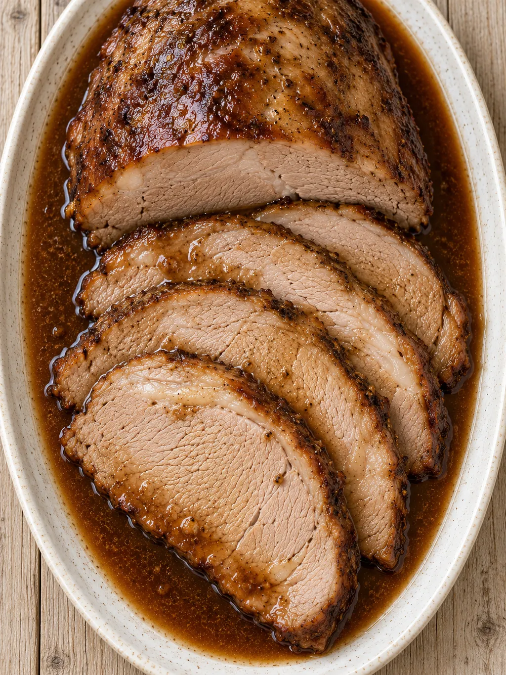 Aufgeschnittener Schweinebraten mit malziger dunkler Biersoße auf einer hellen Platte