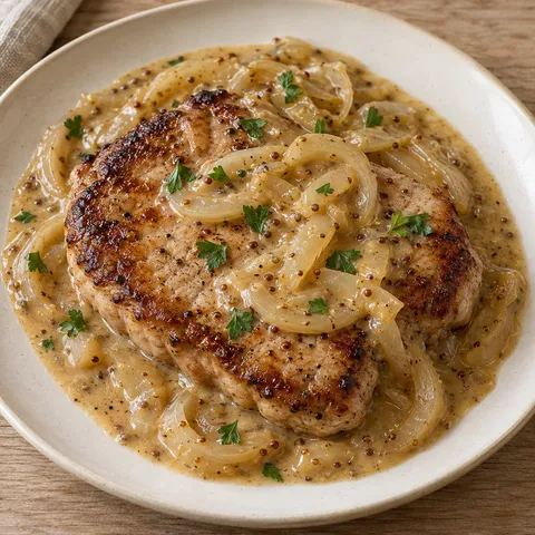 Schweinekotelett mit Zwiebel-Senf-Soße und gehackter Petersilie auf einem hellen Teller