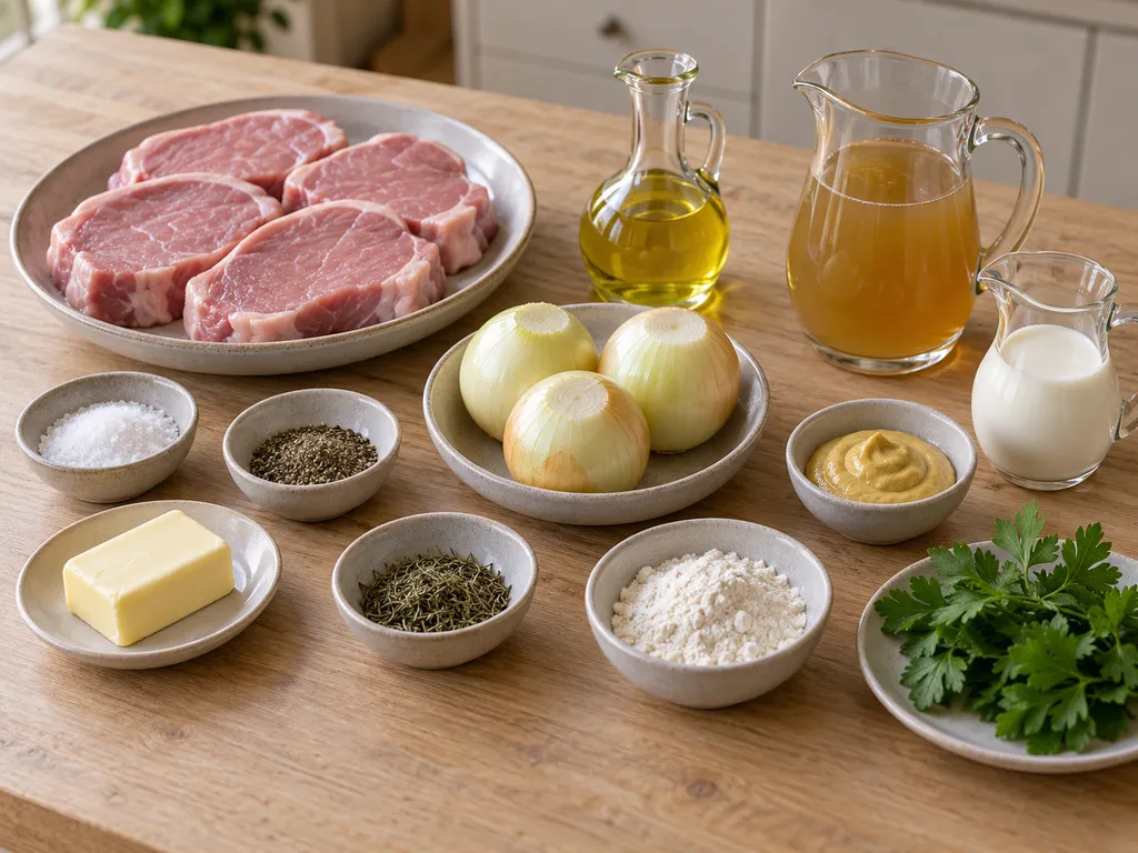 Vier Schweinekoteletts, Zwiebeln, Senf, Sahne und weitere Zutaten für die Pfannensoße
