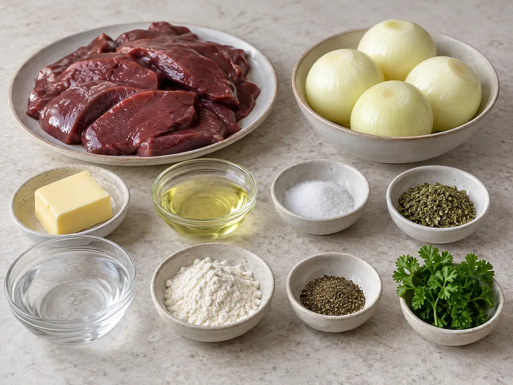 Schweineleber, Zwiebeln, Butter, Öl, Mehl und Gewürze in getrennten Schalen