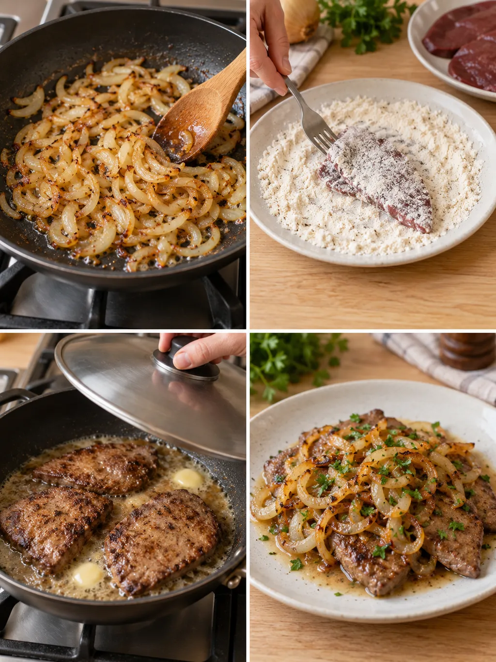 Zwiebeln braten, Leber bemehlen und durchgaren sowie das fertig angerichtete Gericht