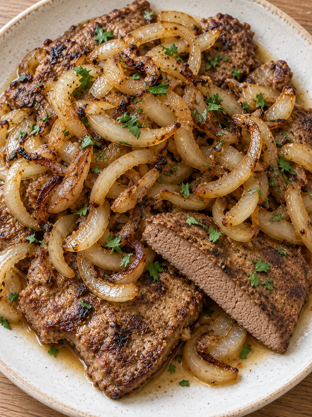 Gebräunte Schweineleberscheiben mit weichen Zwiebelringen, Bratensaft und Petersilie