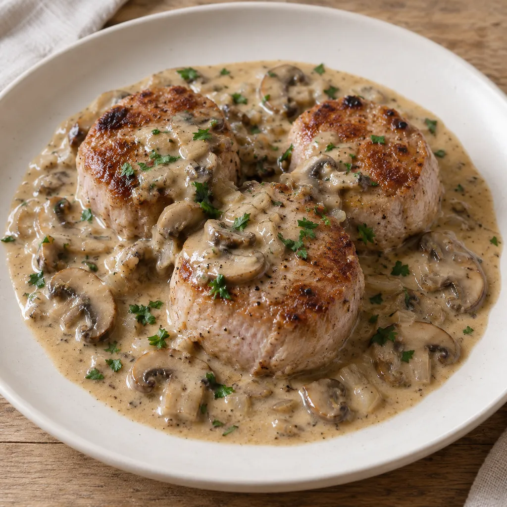 Gebräunte Schweinelendchen mit Champignonrahmsoße und Petersilie auf einem hellen Teller