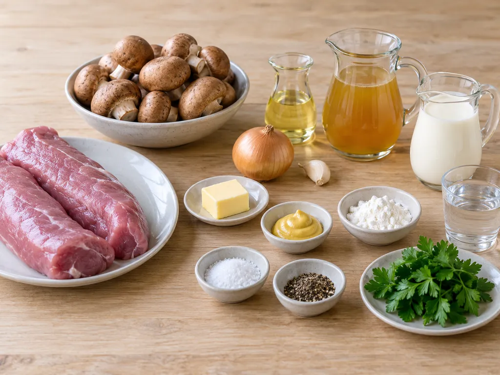 Schweinefilet, Champignons, Sahne, Butter und weitere Zutaten für die Pilzrahmsoße