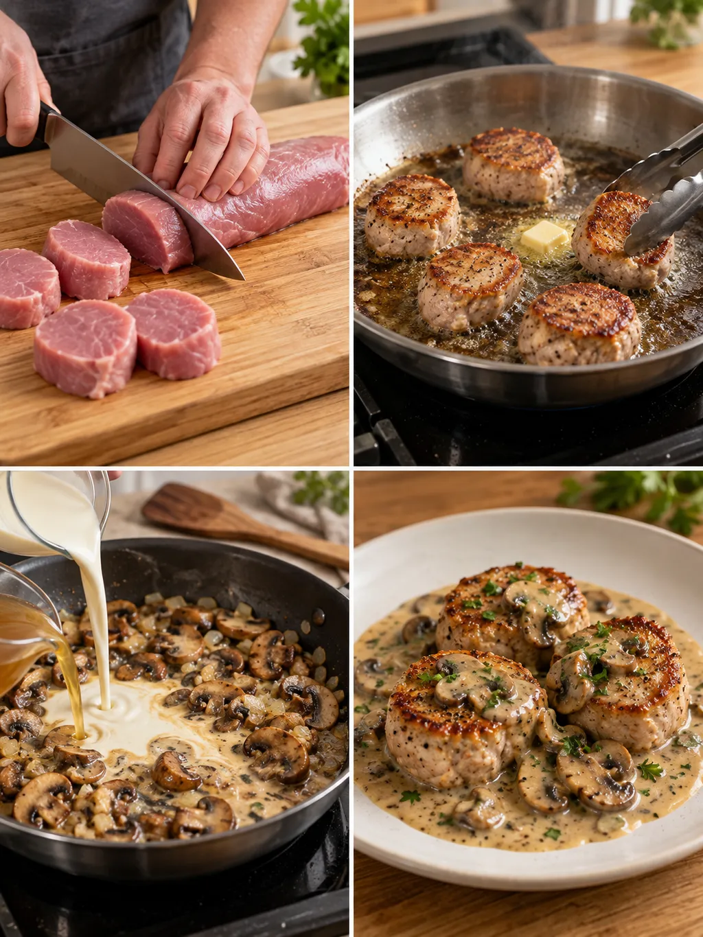 Schweinefilet schneiden, Medaillons anbraten, Pilzrahmsoße zubereiten und fertig servieren