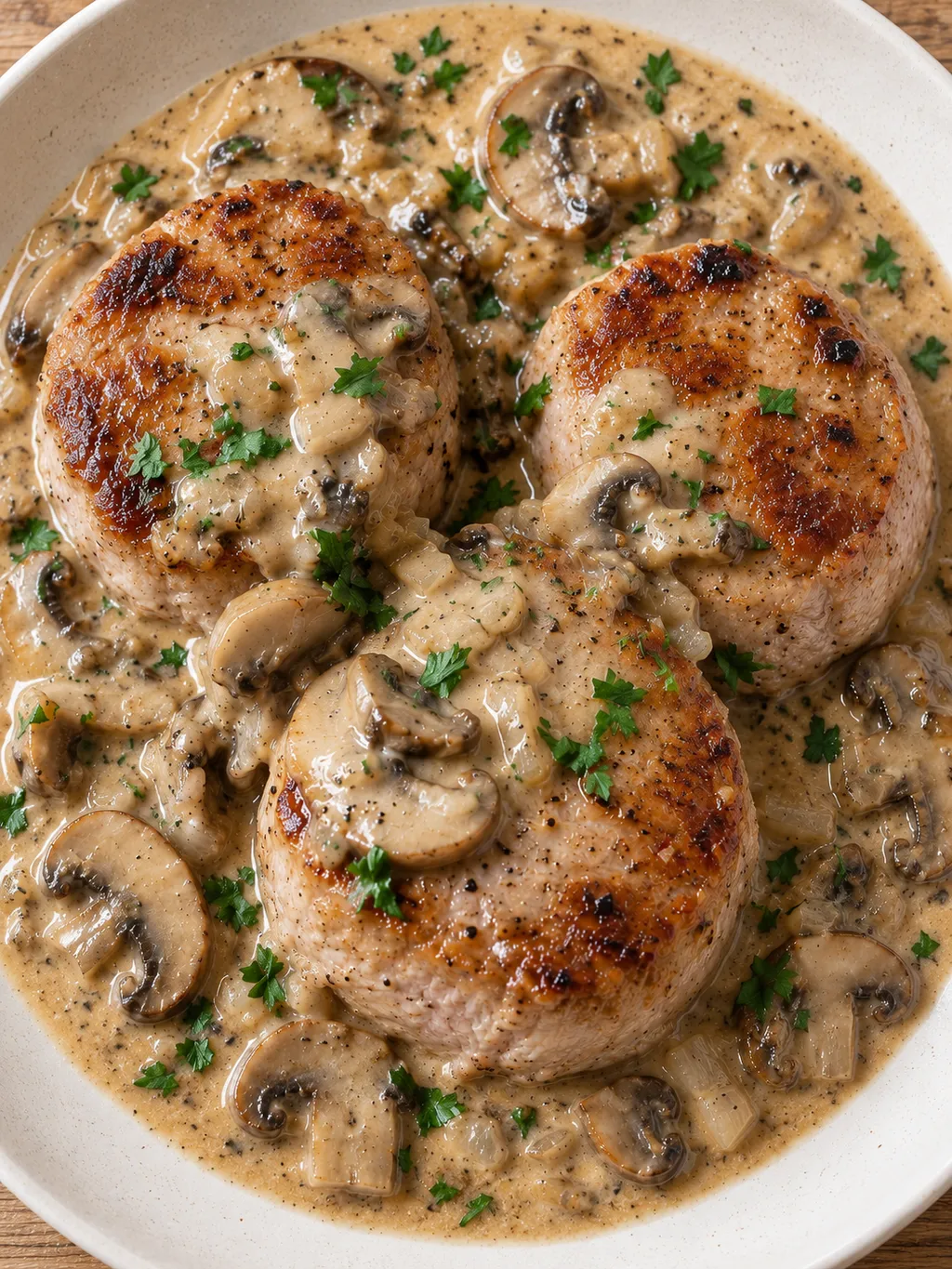 Schweinelendchen mit cremiger Champignonsoße und gehackter Petersilie
