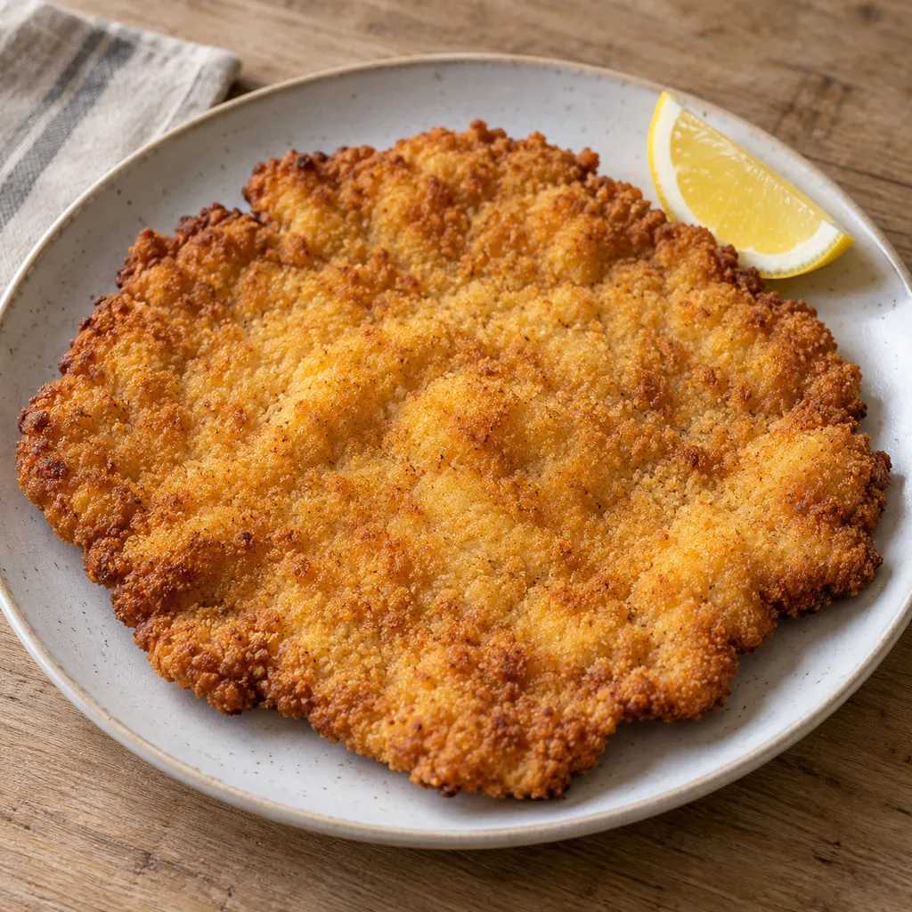Goldgelb paniertes Schweineschnitzel mit einer Zitronenspalte auf hellem Teller