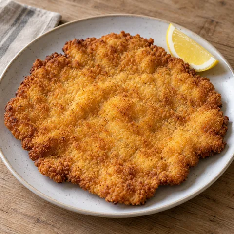 Goldgelb paniertes Schweineschnitzel mit einer Zitronenspalte auf hellem Teller