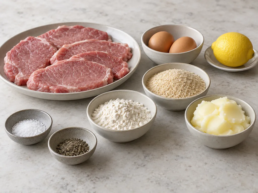 Schweineschnitzel, Mehl, Eier, Semmelbrösel, Butterschmalz, Salz, Pfeffer und Zitrone