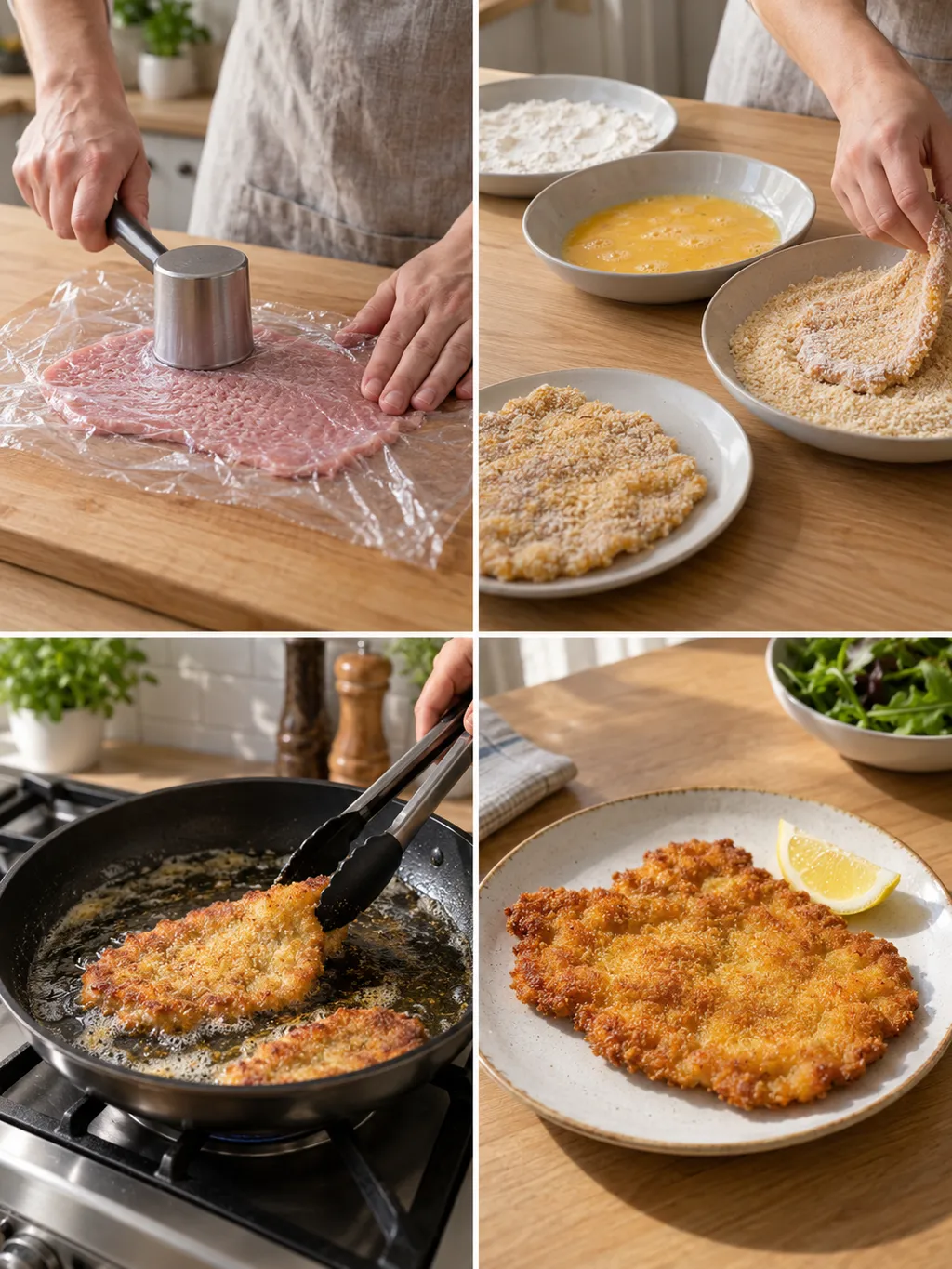Schweineschnitzel beim Klopfen, Panieren und Braten sowie fertig mit Zitrone