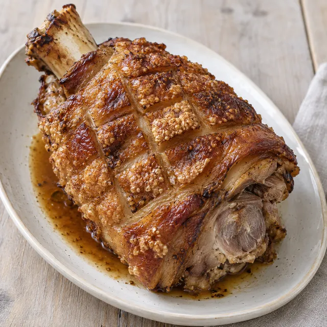 Schweinshaxe mit goldbrauner rautenförmiger Schwarte und Bratensoße auf einer hellen Platte