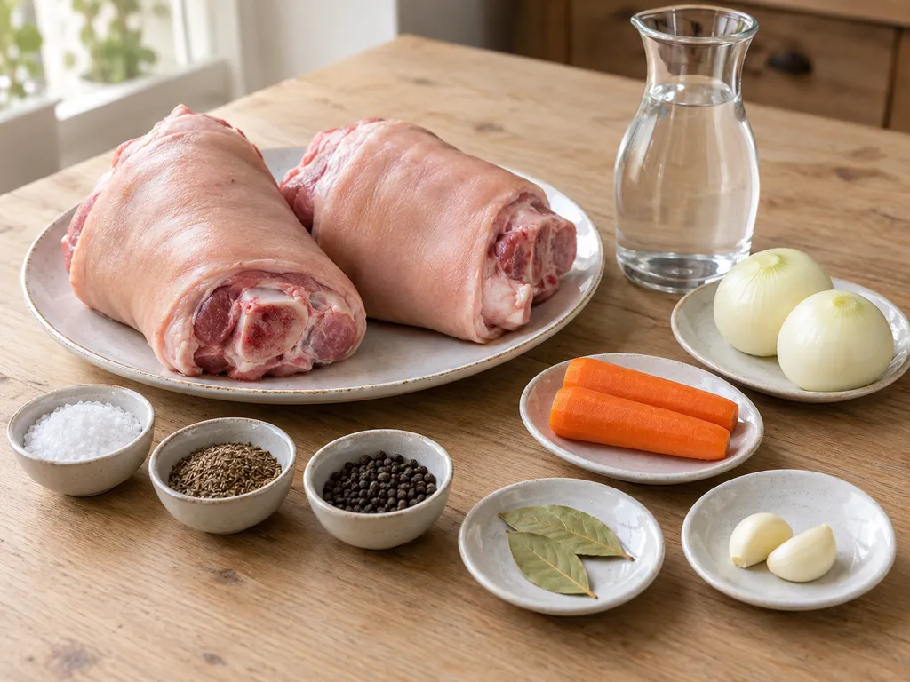 Zwei rohe Schweinshaxen mit Zwiebeln, Möhren, Knoblauch, Lorbeer, Gewürzen und Wasser