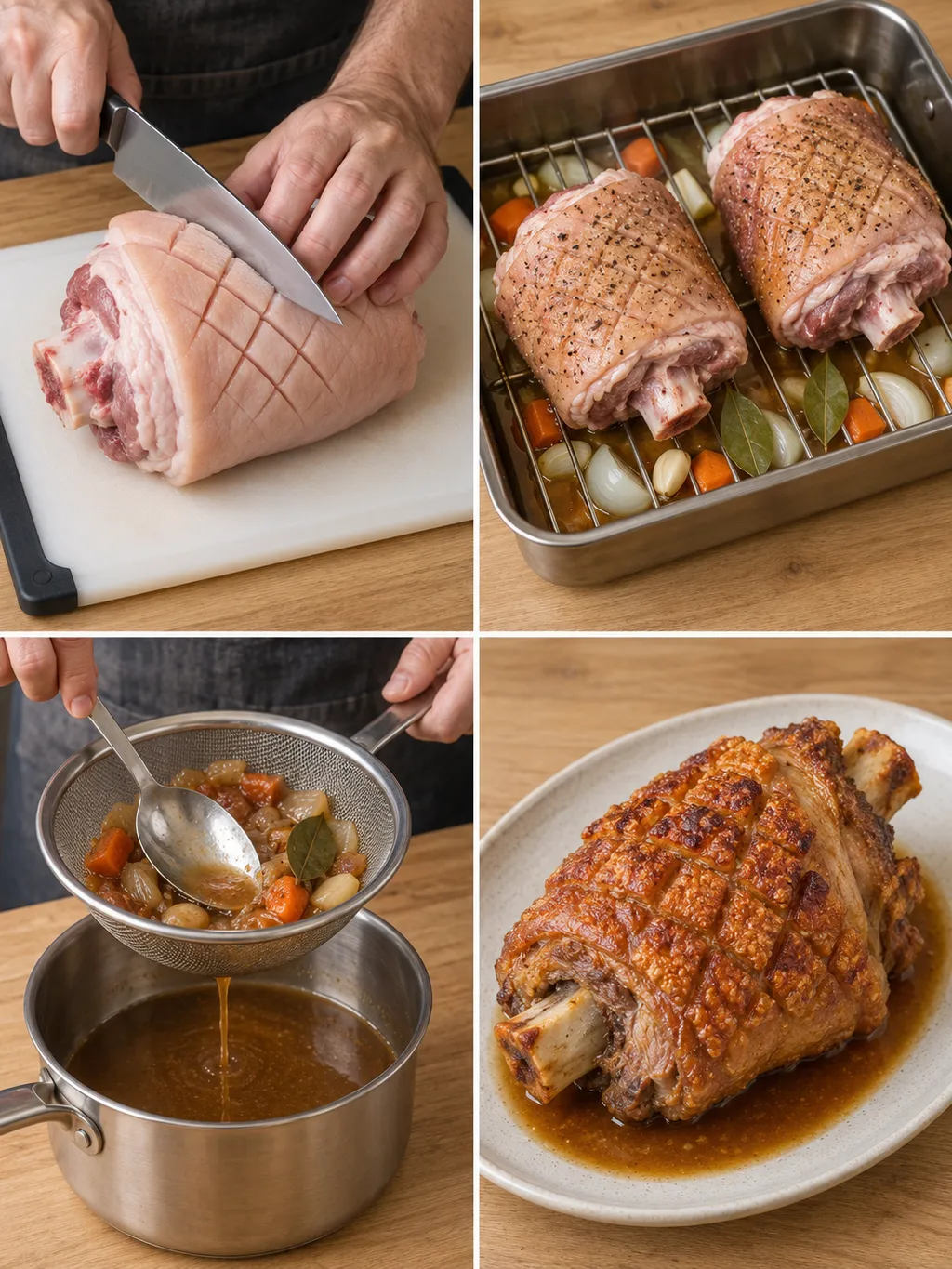 Schwarte einschneiden, Haxen im Bräter garen, Soße passieren und die fertige Schweinshaxe