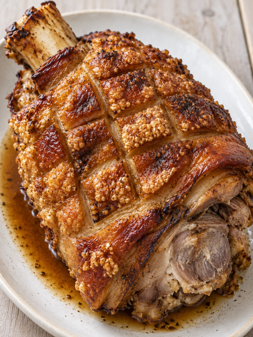 Knusprige Schweinshaxe mit rautenförmiger Schwarte, zartem Fleisch und brauner Bratensoße