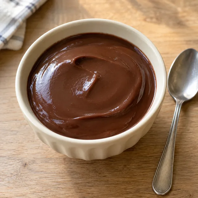 Dunkler Schokoladenpudding mit glatter Oberfläche in einer hellen Keramikschale