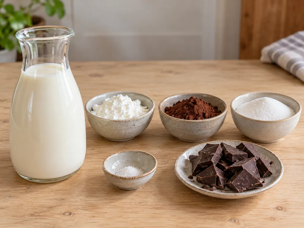 Milch, Maisstärke, Kakao, Zucker, Salz und Zartbitterschokolade für Schokoladenpudding