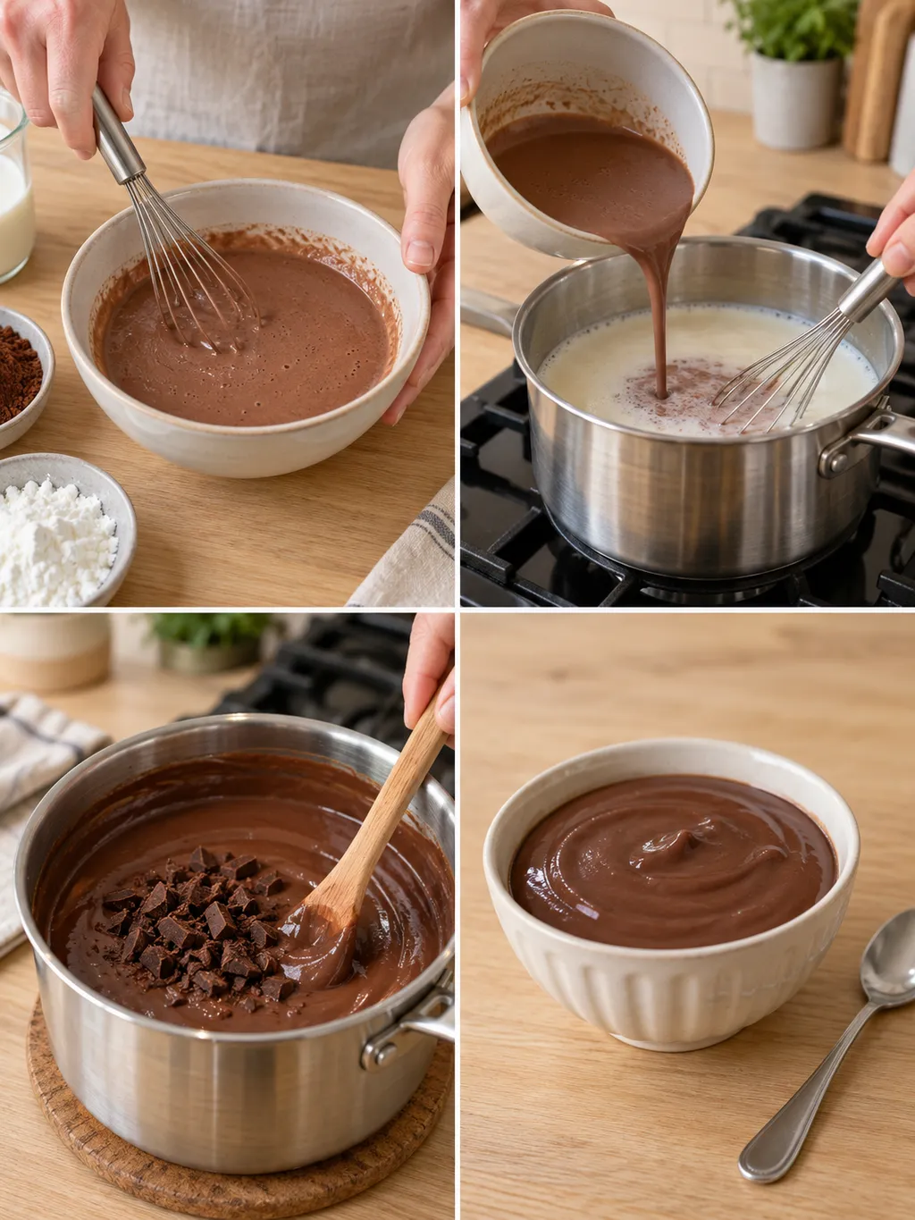 Kakaoansatz anrühren, Pudding kochen, Schokolade einarbeiten und fertig servieren