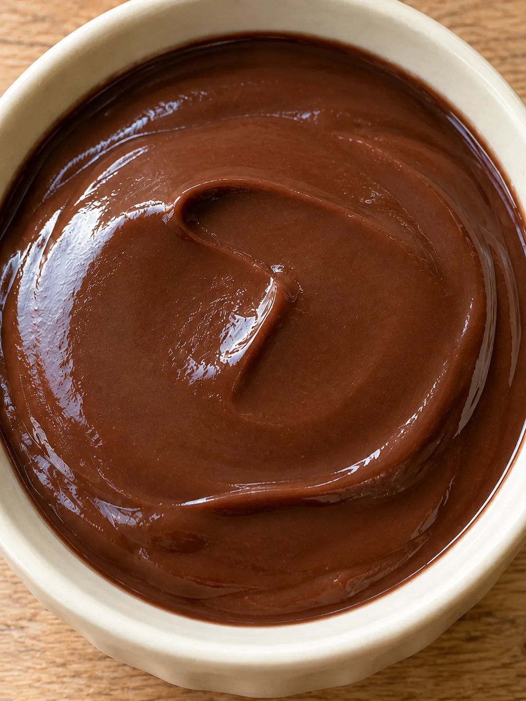 Cremiger Schokoladenpudding ohne Garnitur in einer elfenbeinfarbenen Schale