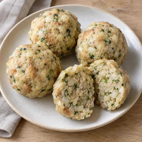 Semmelknödel mit Petersilie und sichtbarer Brotstruktur auf einem hellen Teller