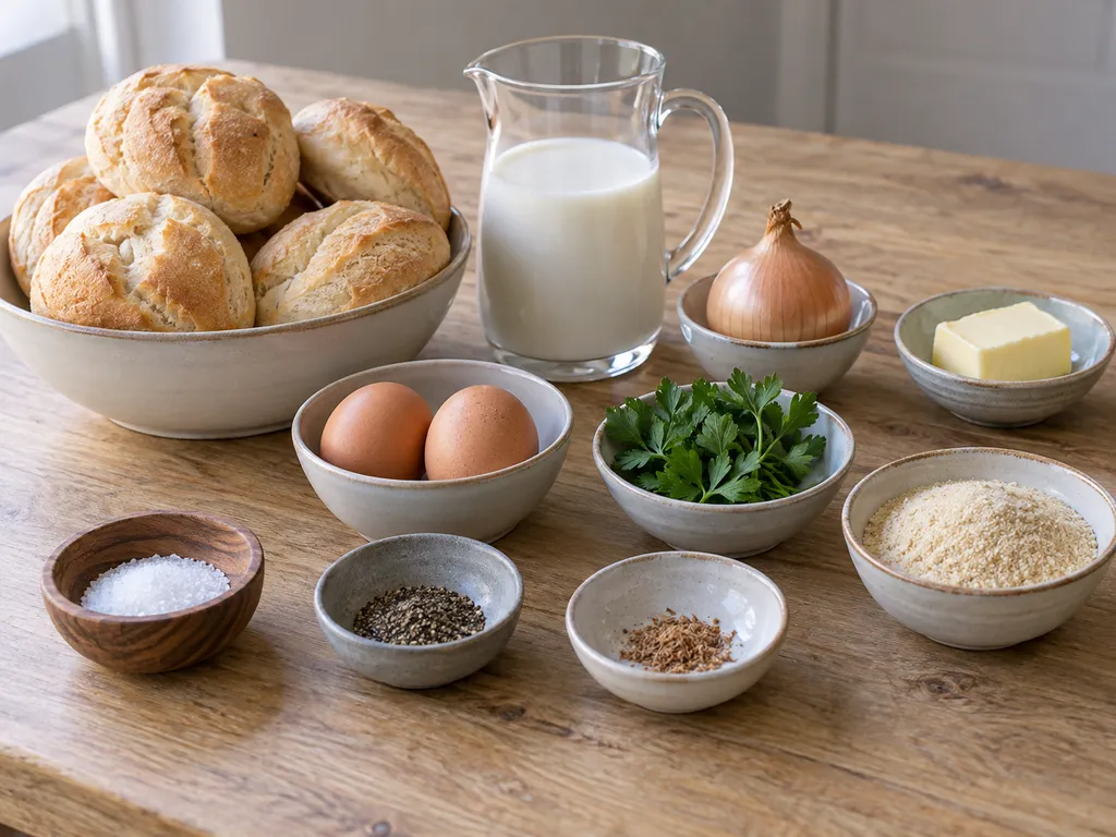 Brötchen, Milch, Eier, Zwiebel, Butter und Petersilie für Semmelknödel