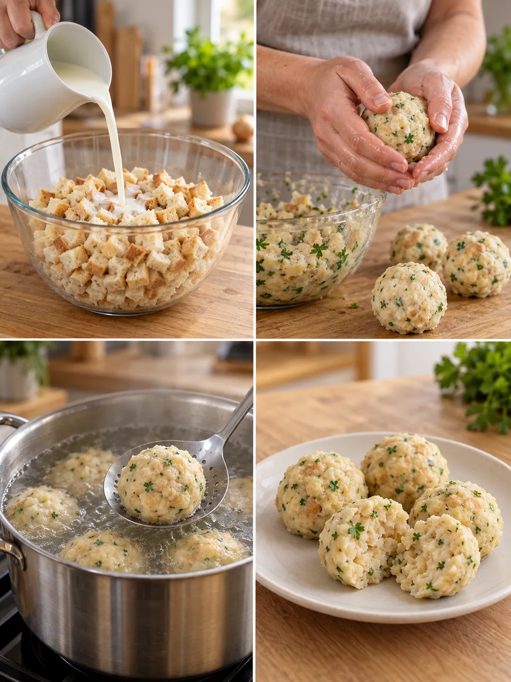 Brötchen einweichen, Knödel formen, sanft garen und fertige Semmelknödel servieren