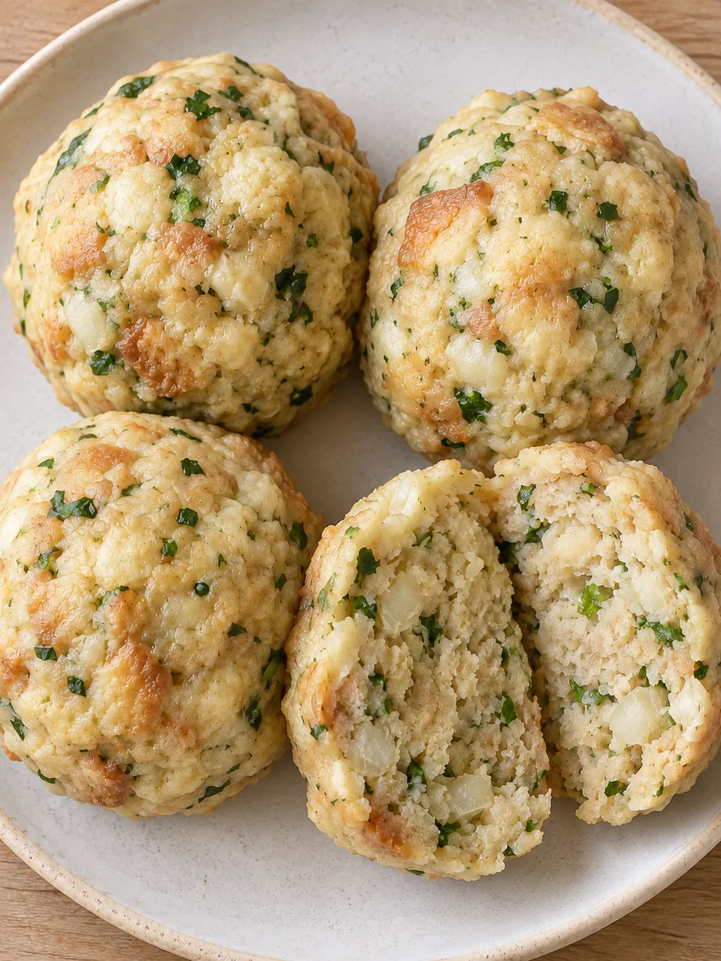 Semmelknödel mit Petersilienflecken und einem halbierten Knödel auf dem Teller