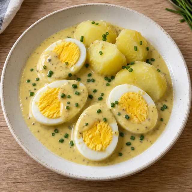 Senfeier in heller Senfsoße mit Salzkartoffeln und Schnittlauch