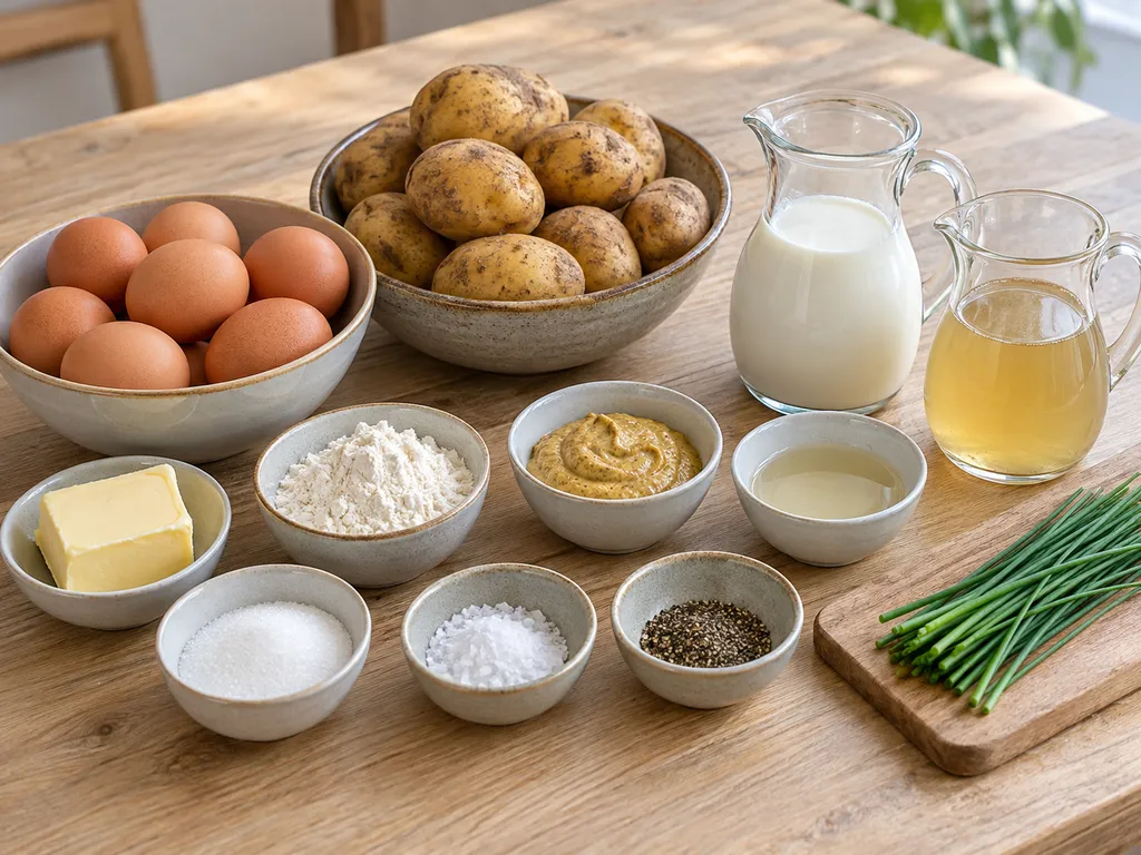 Eier, Kartoffeln, Senf, Milch und weitere Zutaten für cremige Senfeier