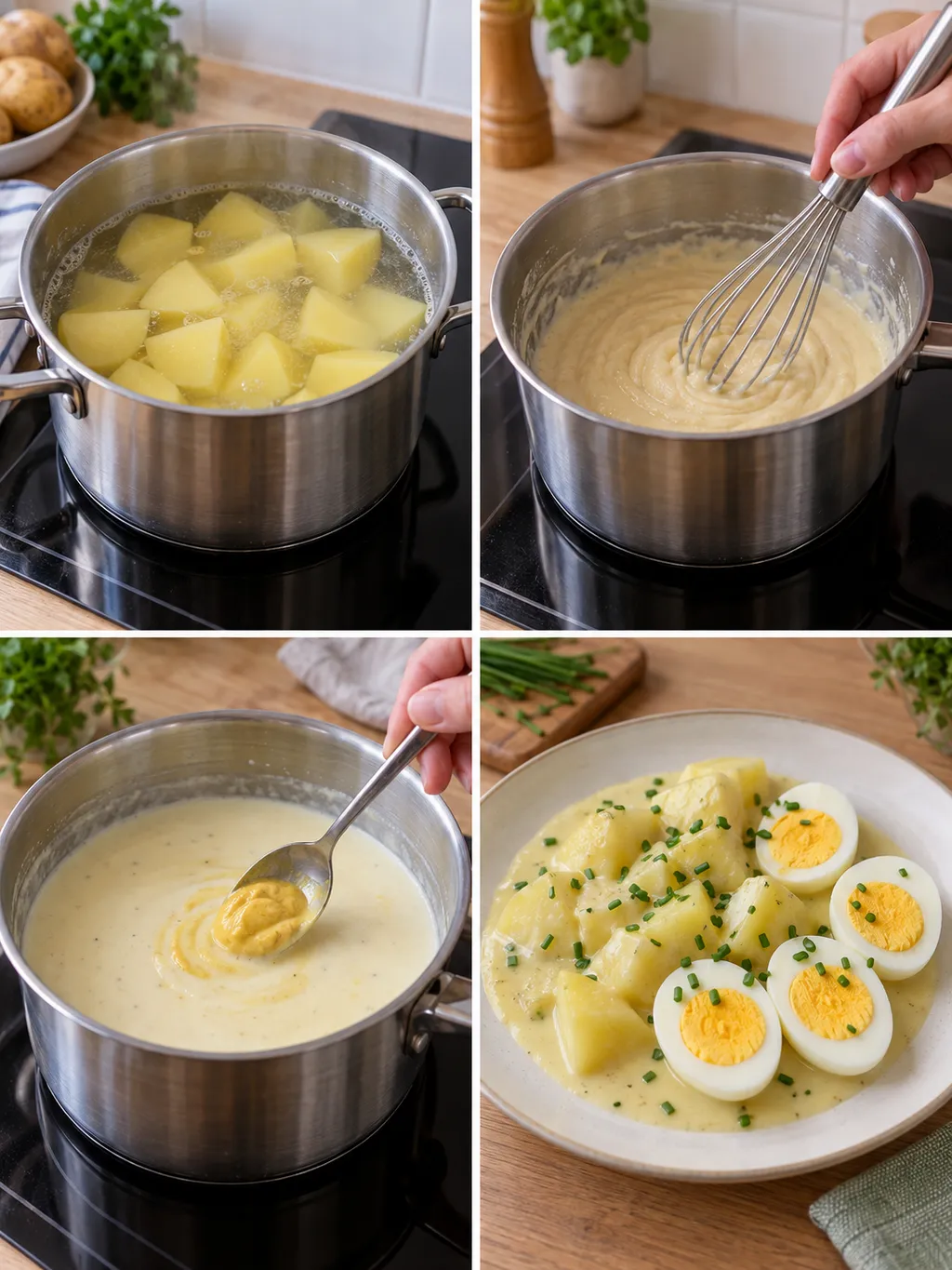Kartoffeln garen, Mehlschwitze rühren, Senf zugeben und fertige Senfeier servieren
