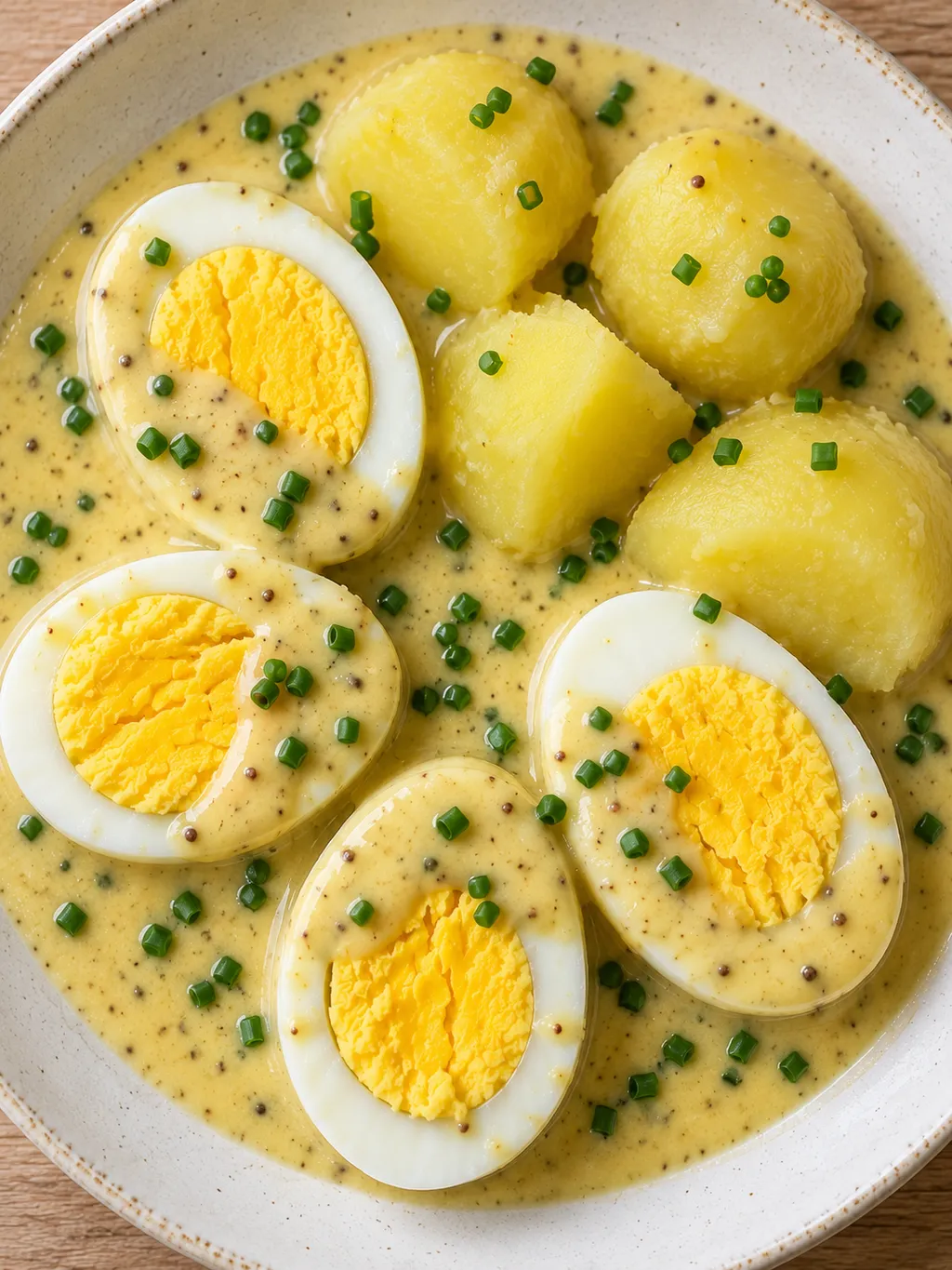 Hart gekochte Eierhälften mit cremiger Senfsoße, Kartoffeln und Schnittlauch