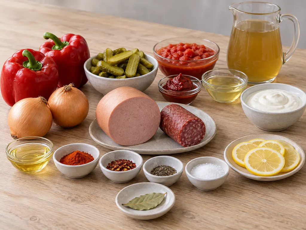 Wurst, Paprika, Zwiebeln, Tomaten, Gewürzgurken, Schmand und Zitrone für Soljanka