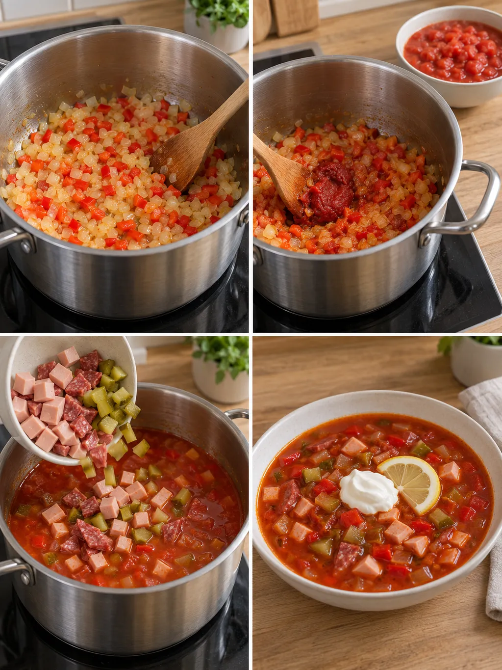 Gemüse dünsten, Tomatenmark einrühren, Wurst zugeben und Soljanka mit Schmand servieren
