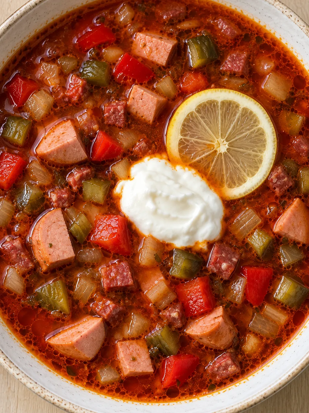 Stückige Soljanka mit Fleischwurst, Paprika, Gewürzgurken, Schmand und Zitrone