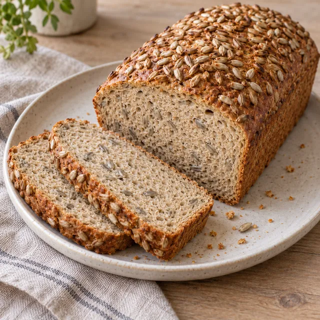 Sonnenblumenkernbrot mit goldbrauner Kernkruste und zwei Scheiben auf einem hellen Teller